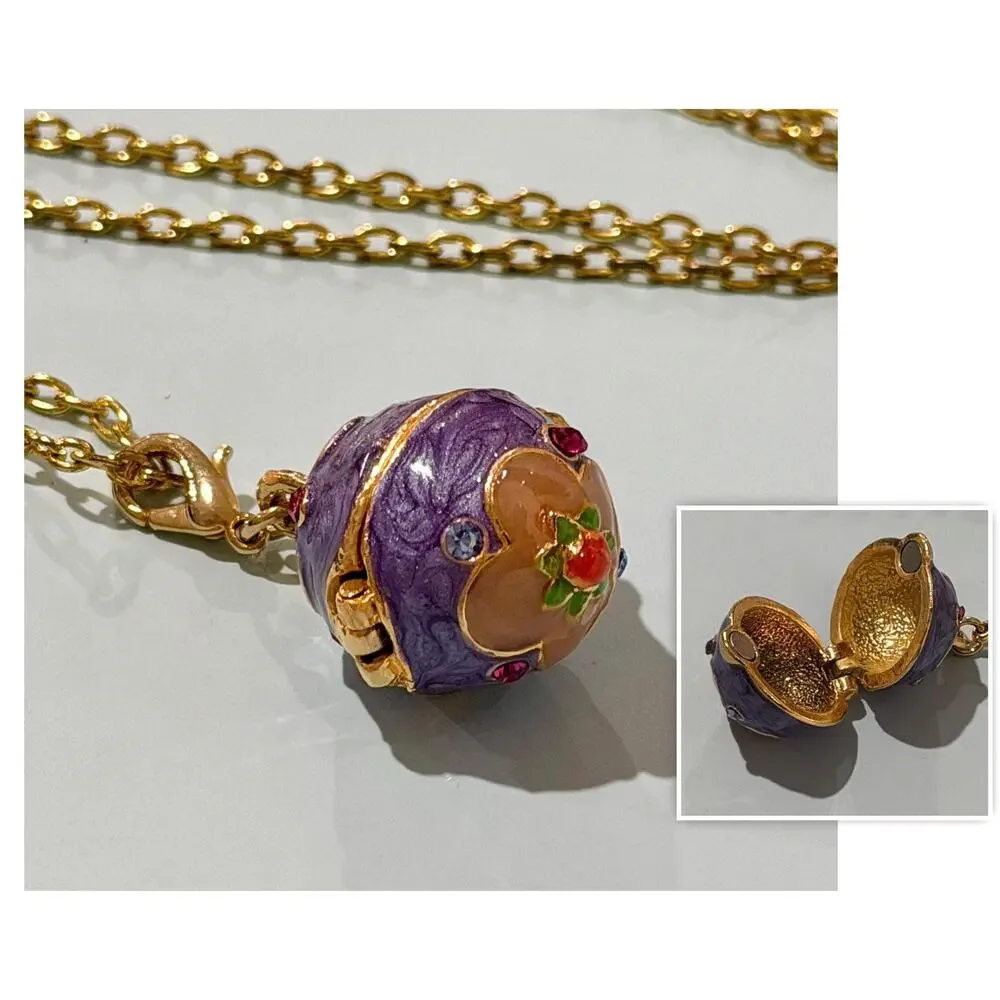 Vintage Joan Rivers Faberge Style Egg Locket Necklace • Purple Enamel • Gold Pl